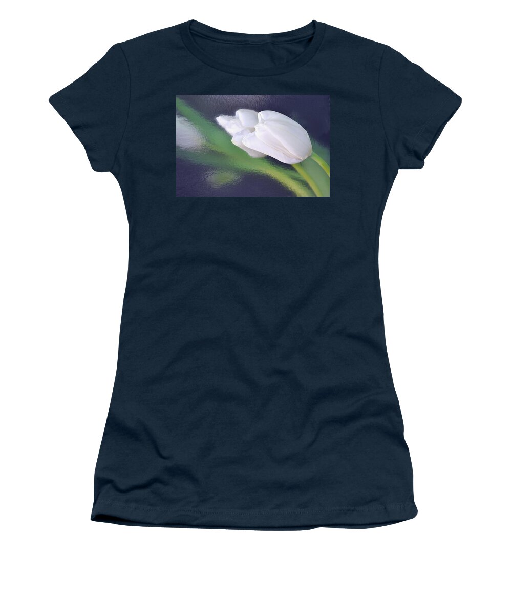 Flower Women's T-Shirt featuring the photograph White Tulip Reflected in Dark Blue Water by Phyllis Meinke