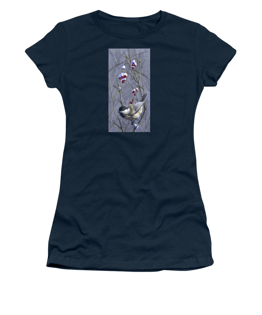 Chickadee Women's T-Shirt featuring the painting Winter Harvest 2 Chickadee Painting by K Whitworth