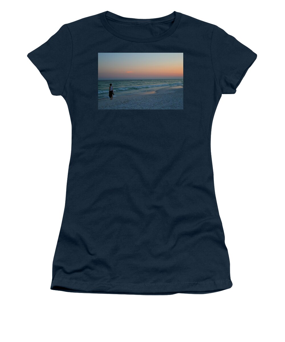 Woman Women's T-Shirt featuring the photograph Woman on Beach at Dusk by Karen Adams