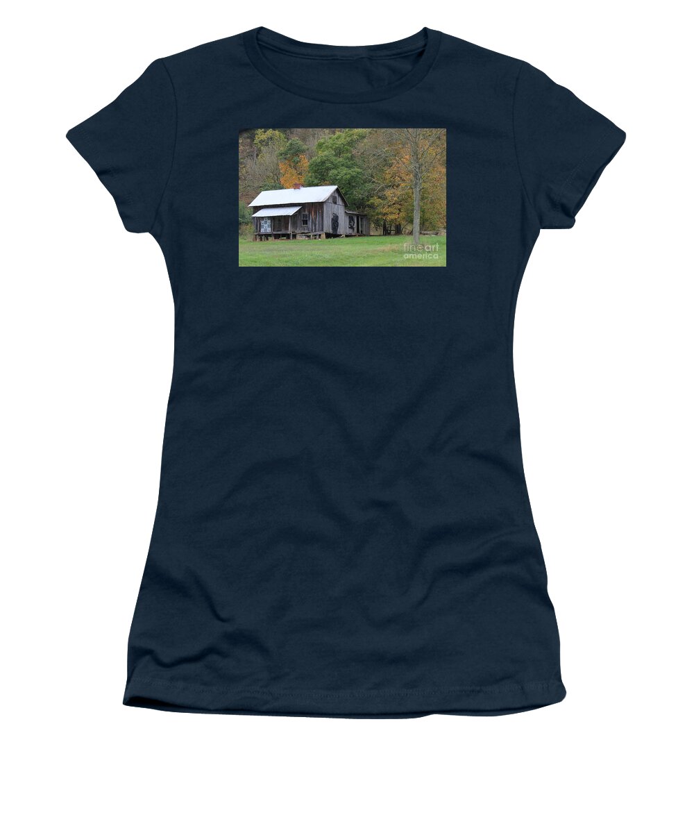  Wood Trees Women's T-Shirt featuring the photograph Ye old cabin in the fall by Jennifer E Doll