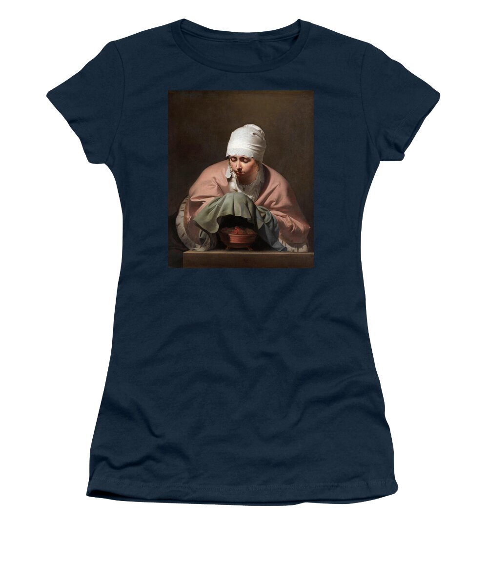 Caesar Van Everdingen Women's T-Shirt featuring the painting Young Woman Warming her Hands over a Brazier by Caesar van Everdingen
