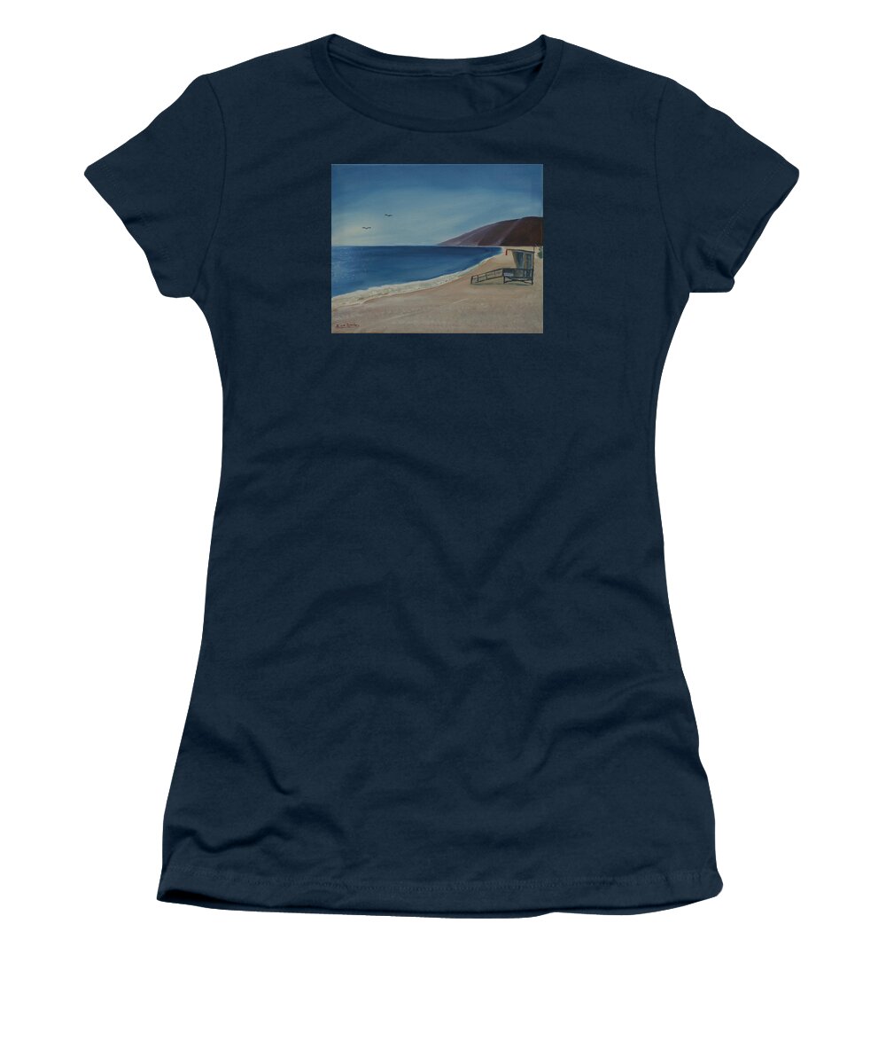 Seabird Women's T-Shirt featuring the painting Zuma Lifeguard Tower by Ian Donley