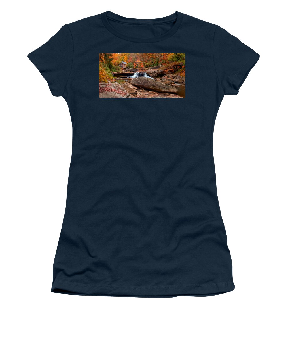 Glade Creek Women's T-Shirt featuring the photograph autumn leaves at the Mill by Randall Branham