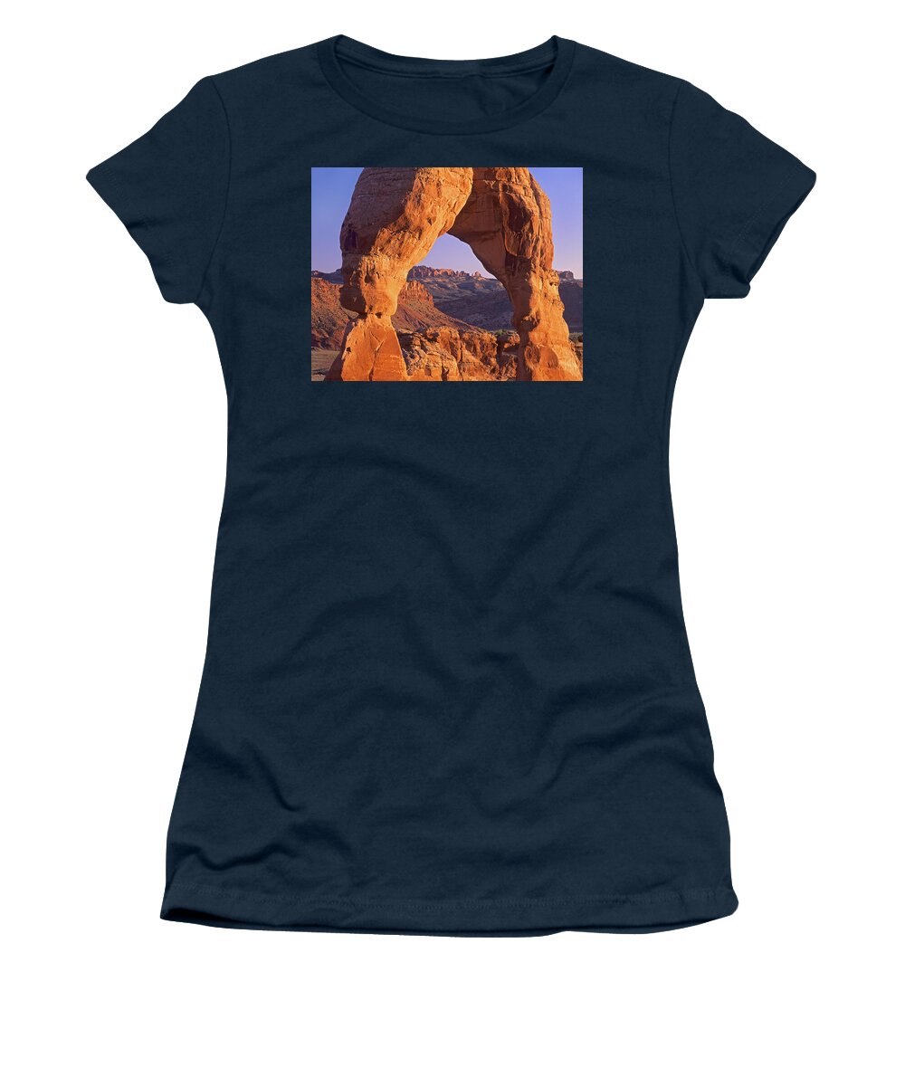 00175752 Women's T-Shirt featuring the photograph Delicate Arch And La Sal Mountains #1 by Tim Fitzharris