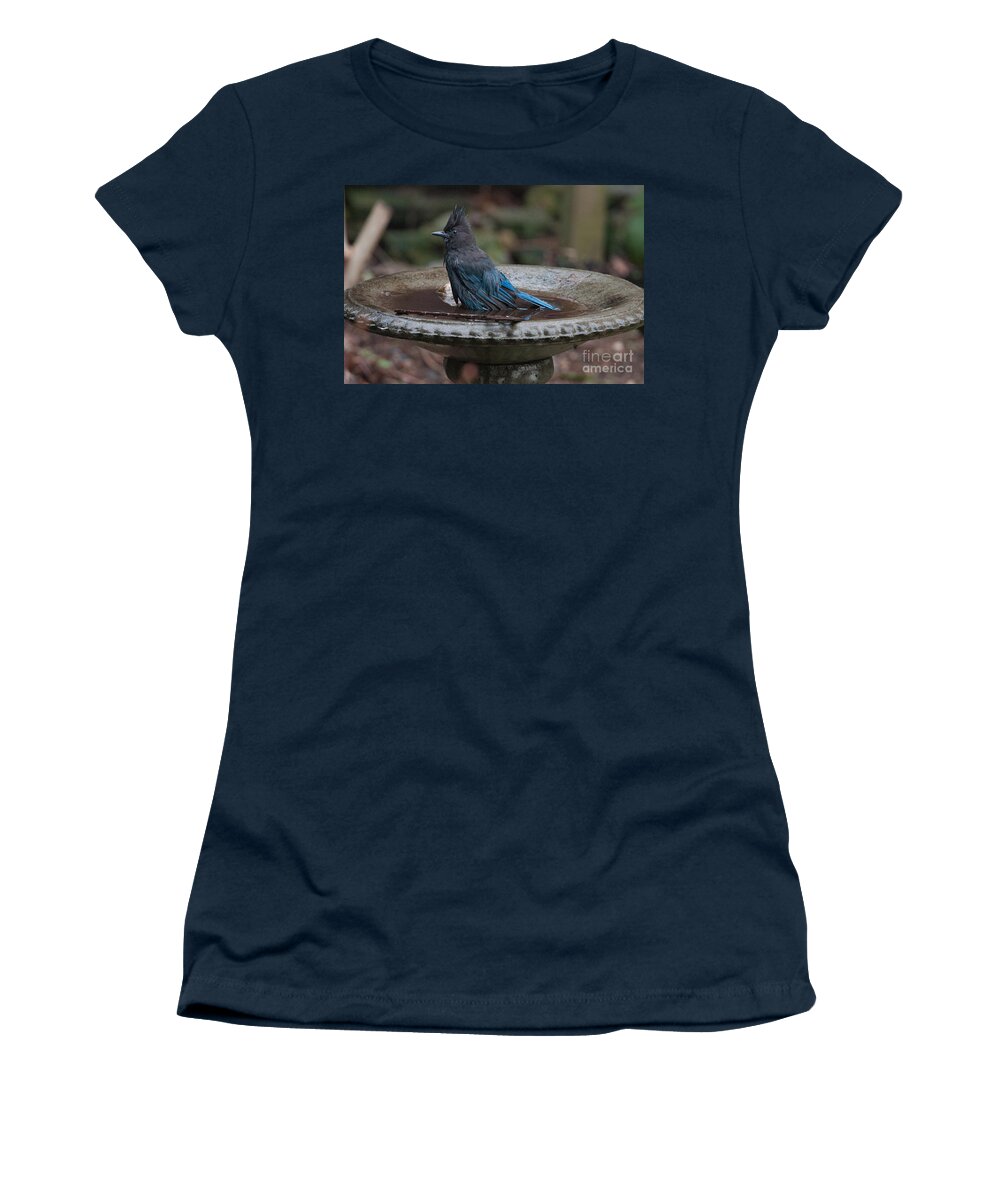Animals Women's T-Shirt featuring the digital art Stellar Jay in the Birdbath #1 by Carol Ailles
