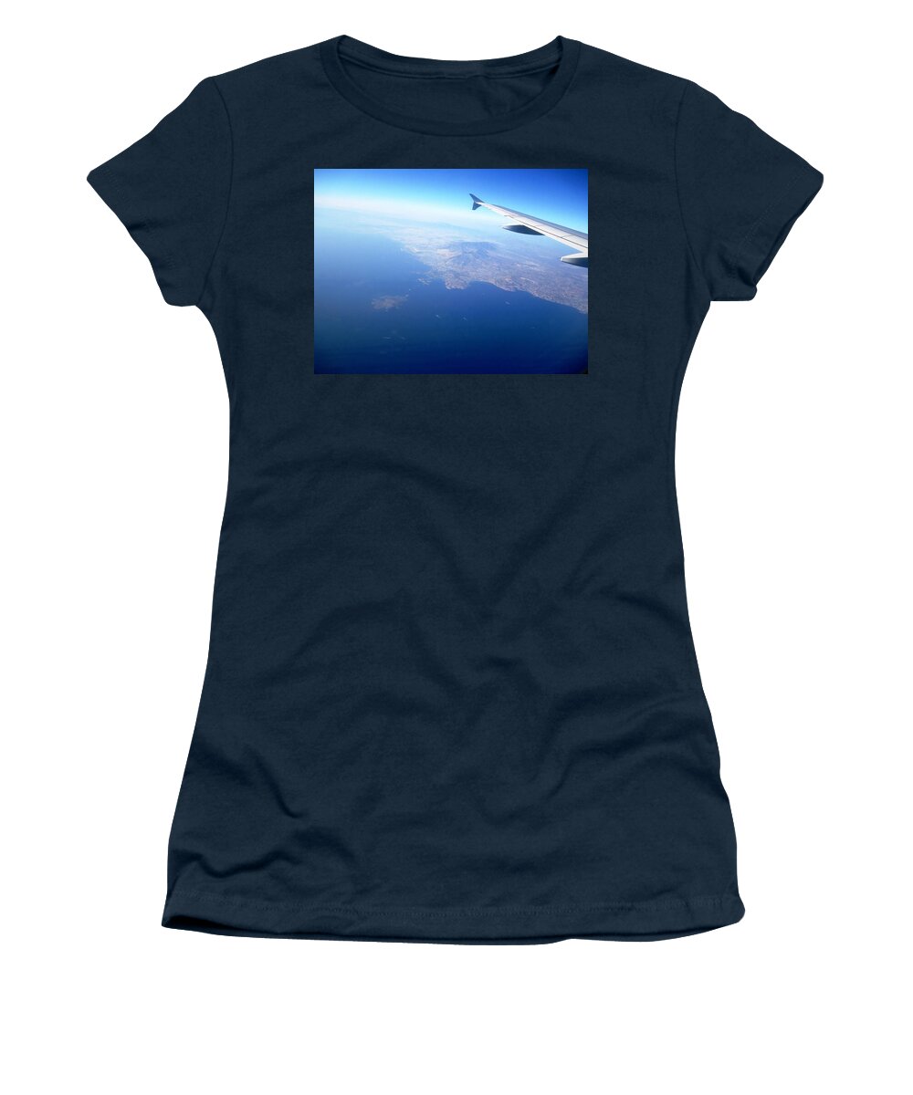 Athens Women's T-Shirt featuring the photograph Airplane Wing Aerial View Mediterranean Sea South of Greece on the Way Towards Athens Greece by John Shiron