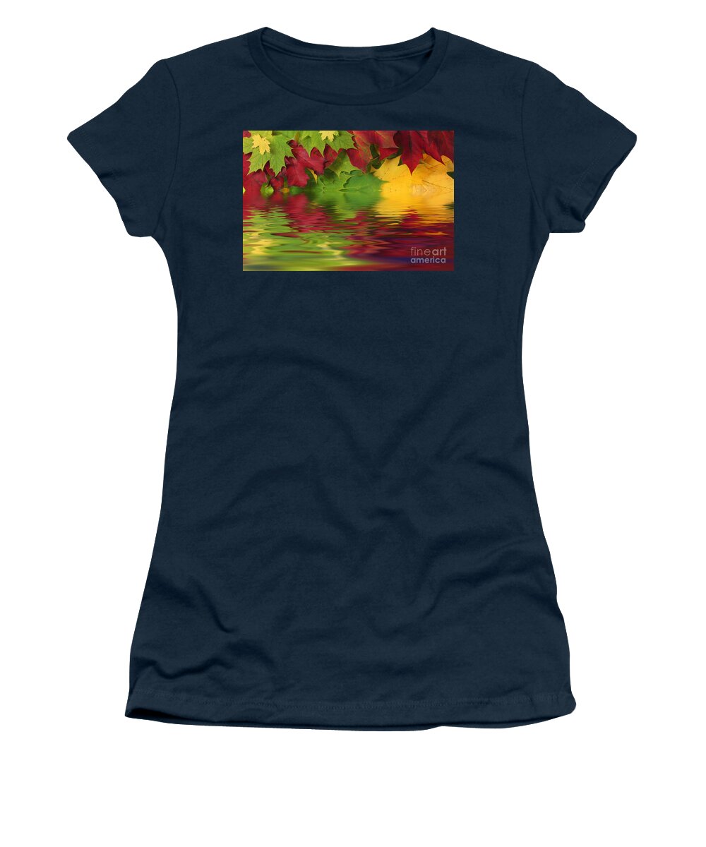 Leaves Women's T-Shirt featuring the photograph Autumn leaves in water with reflection by Simon Bratt