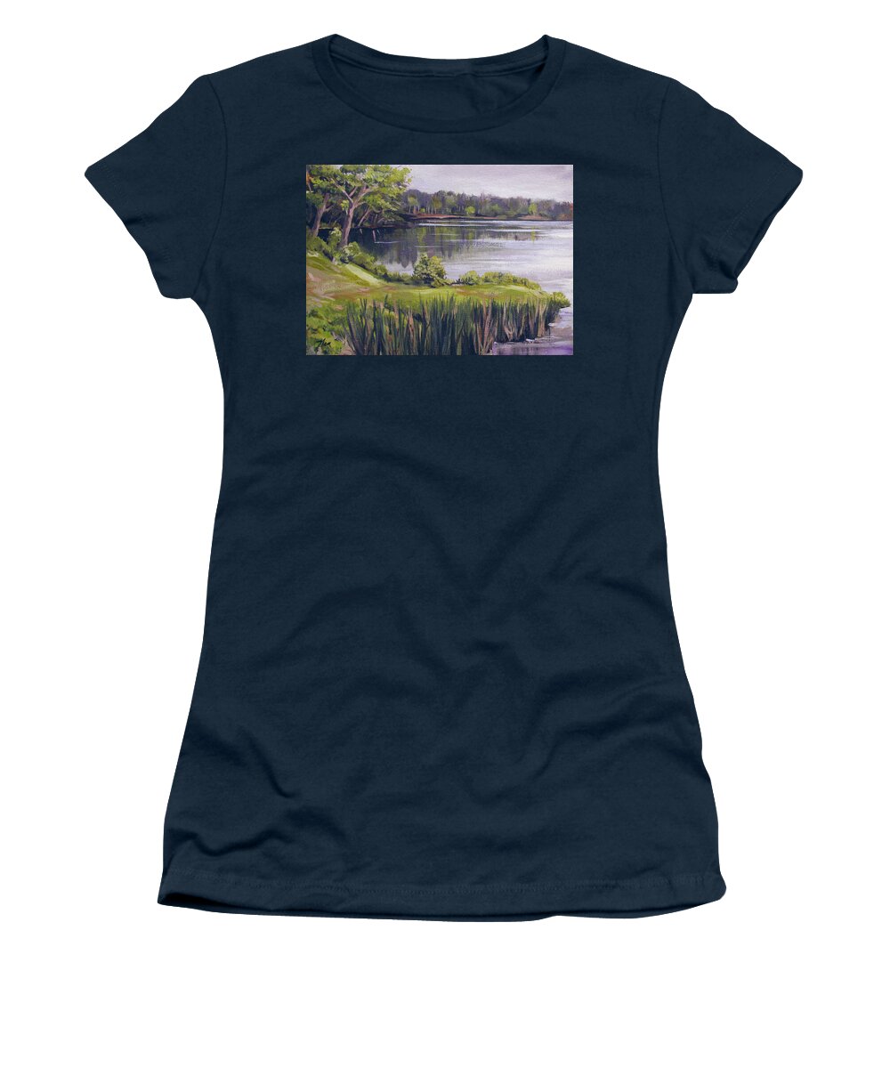 Lake Women's T-Shirt featuring the painting By the Lake by Nancy Griswold