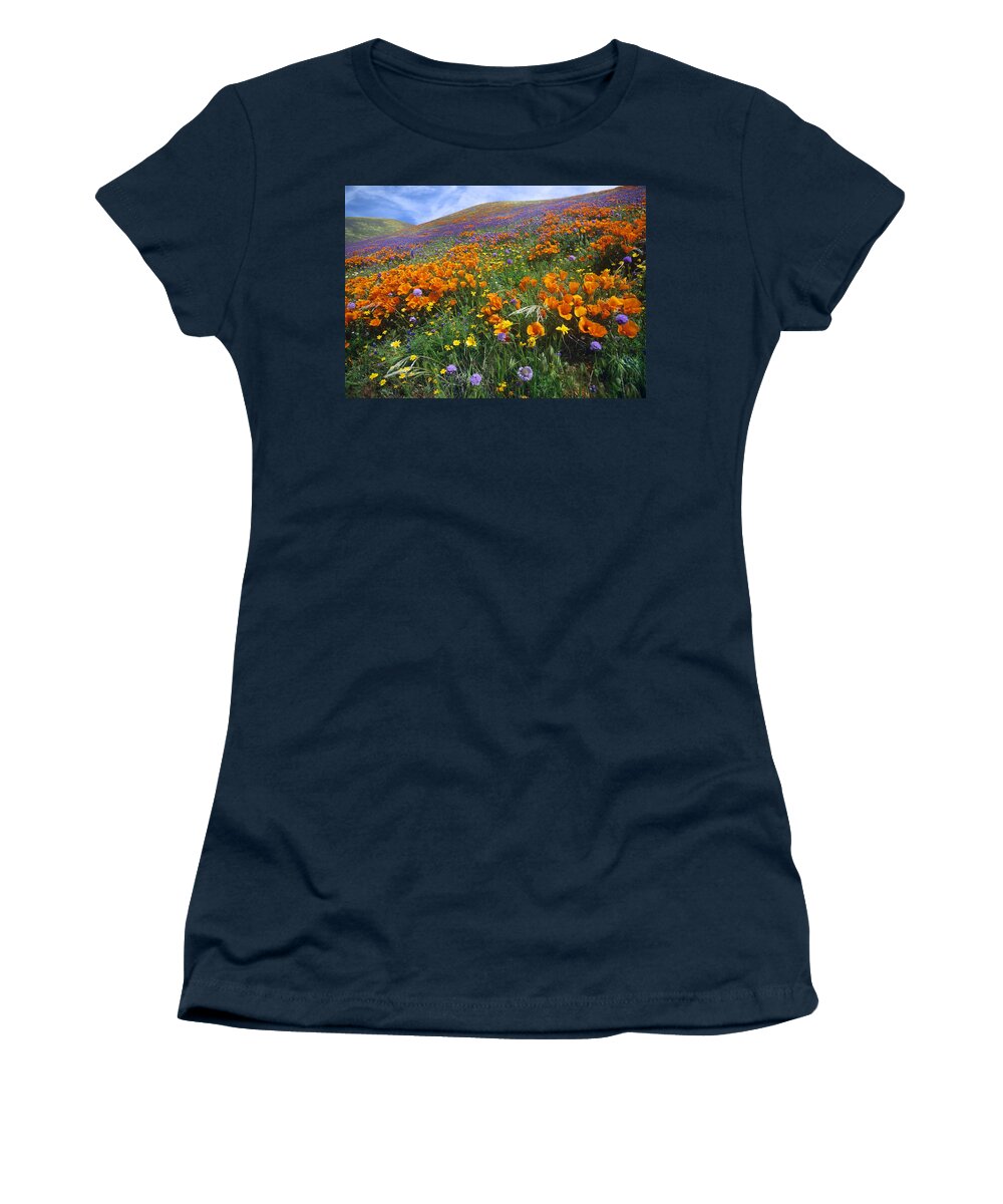 00176978 Women's T-Shirt featuring the photograph California Poppy And Other Wildflowers by Tim Fitzharris