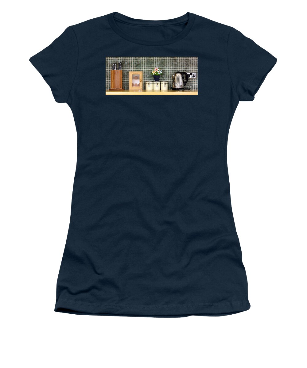Block Women's T-Shirt featuring the photograph Clean kitchen worktop with kitchen items by Simon Bratt