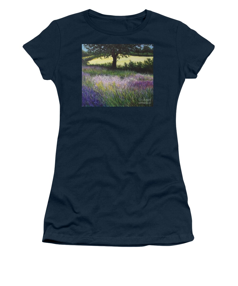 Lavender Women's T-Shirt featuring the painting Fields of Lavender, England by Lizzy Forrester