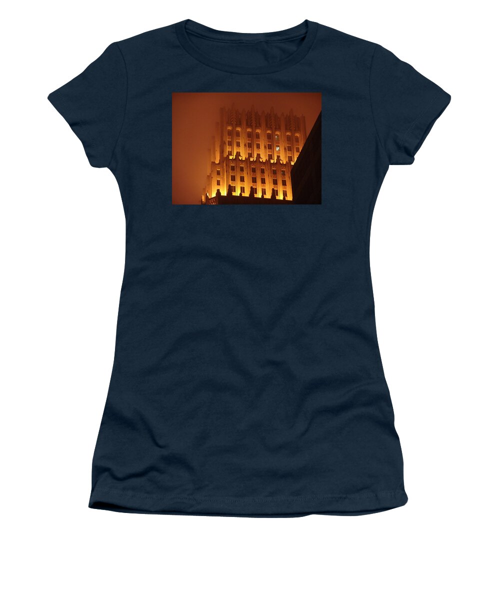 Tower Women's T-Shirt featuring the photograph Foggy Night Tower Silhouette - Houston, Texas by Ian McAdie