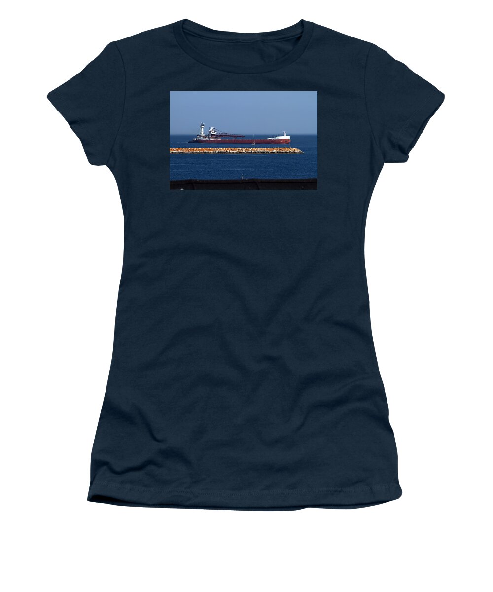 Freighter Women's T-Shirt featuring the photograph Freighter in the Straits of Mackinac by Farol Tomson
