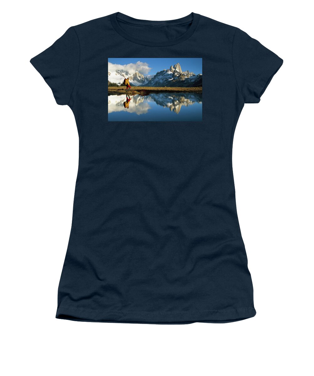 Hhh Women's T-Shirt featuring the photograph Hiker, Cerro Torre And Fitzroy by Colin Monteath