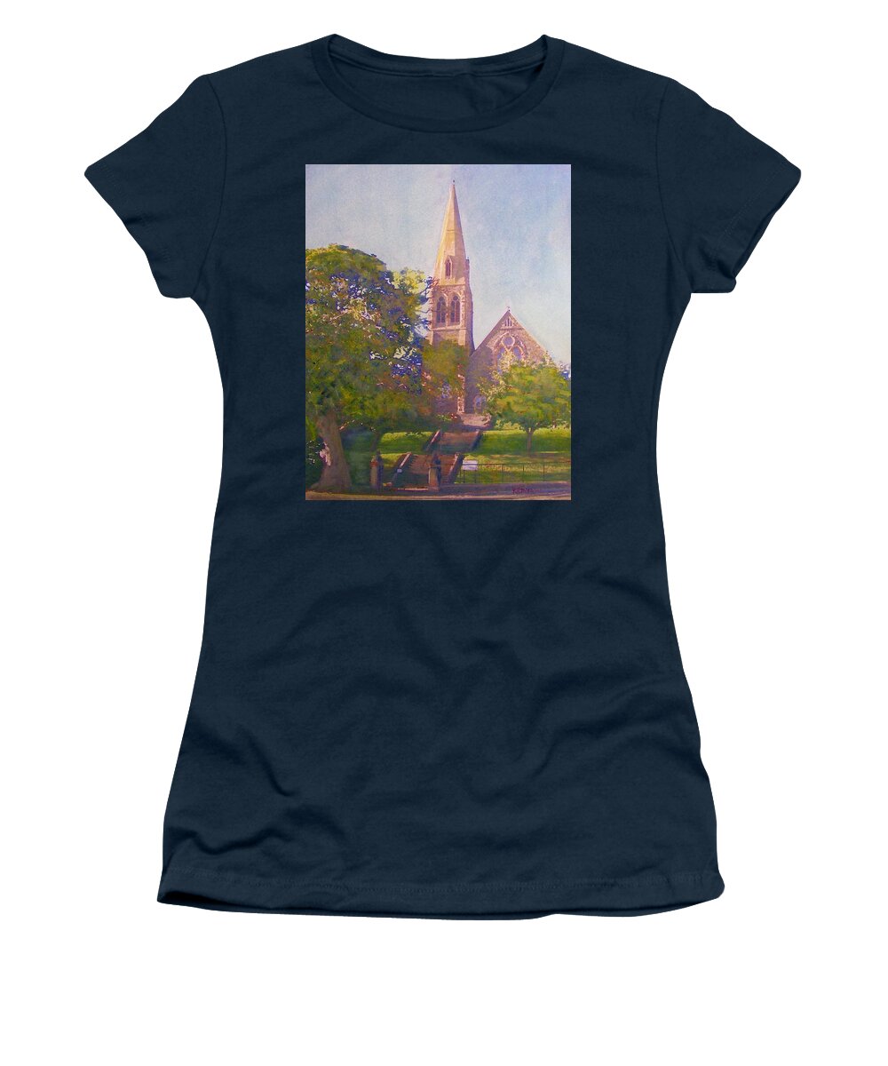  Peebles Women's T-Shirt featuring the painting Leckie Memorial Church Peebles Scotland by Richard James Digance