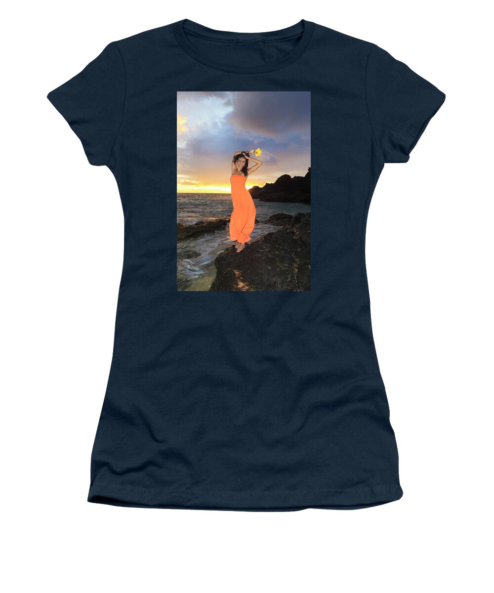 Beach Women's T-Shirt featuring the photograph Model in Orange Dress by Tomas Del Amo - Printscapes