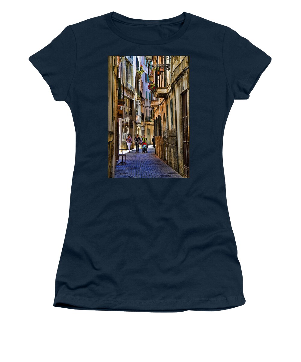 Palma De Majjorca Women's T-Shirt featuring the photograph Palma Mallorca street scene by David Smith