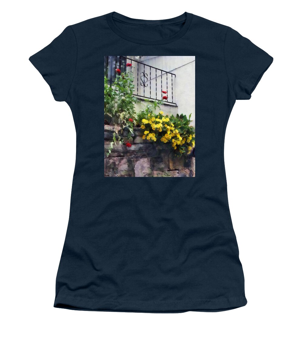 Geranium Women's T-Shirt featuring the photograph Planter With Yellow Flowering Cactus by Susan Savad