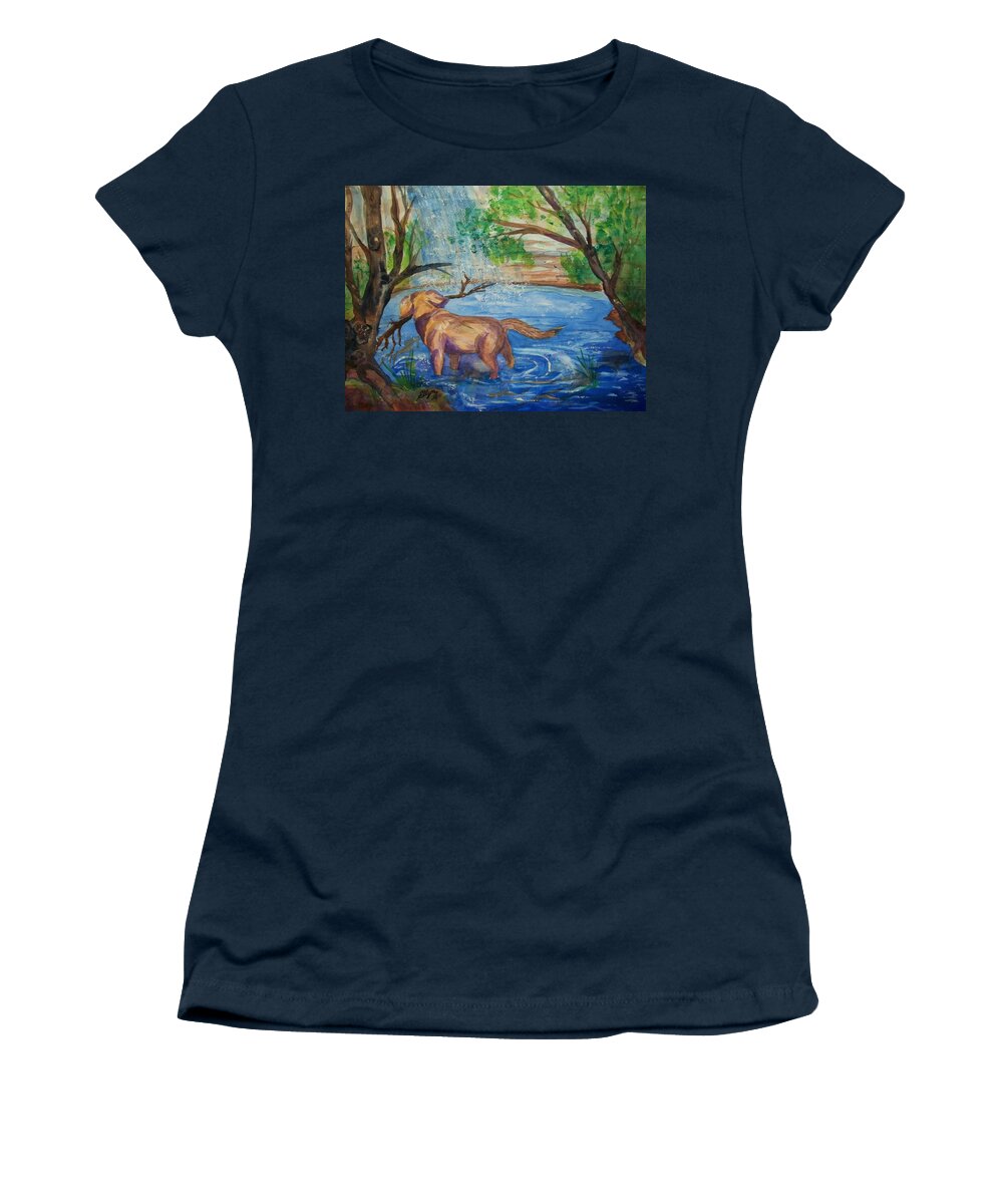 Waterfall Women's T-Shirt featuring the painting Playing in the Falls by Ellen Levinson