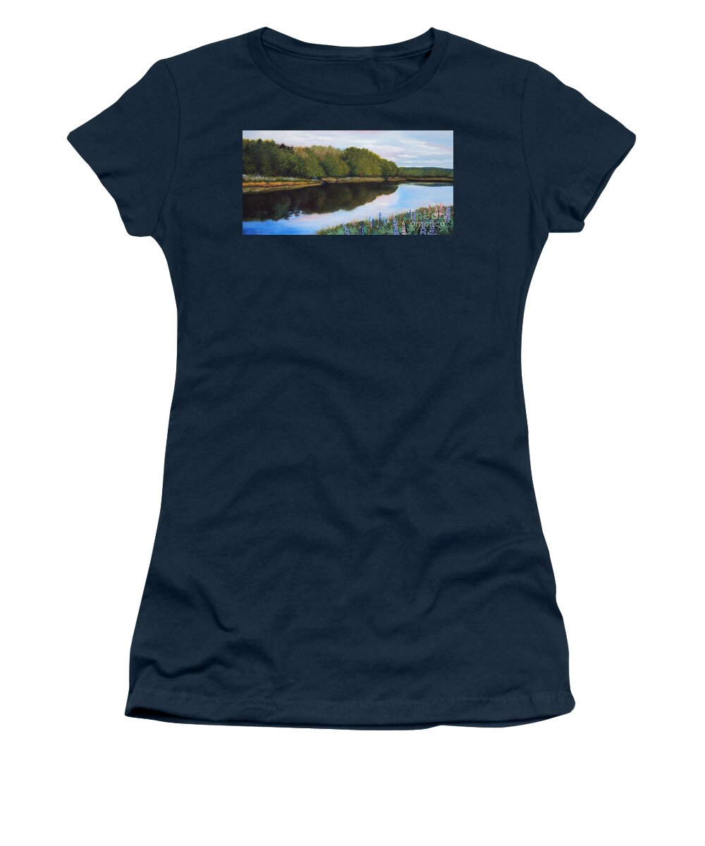 Maine Women's T-Shirt featuring the painting River Lupine Flowers by Laura Tasheiko