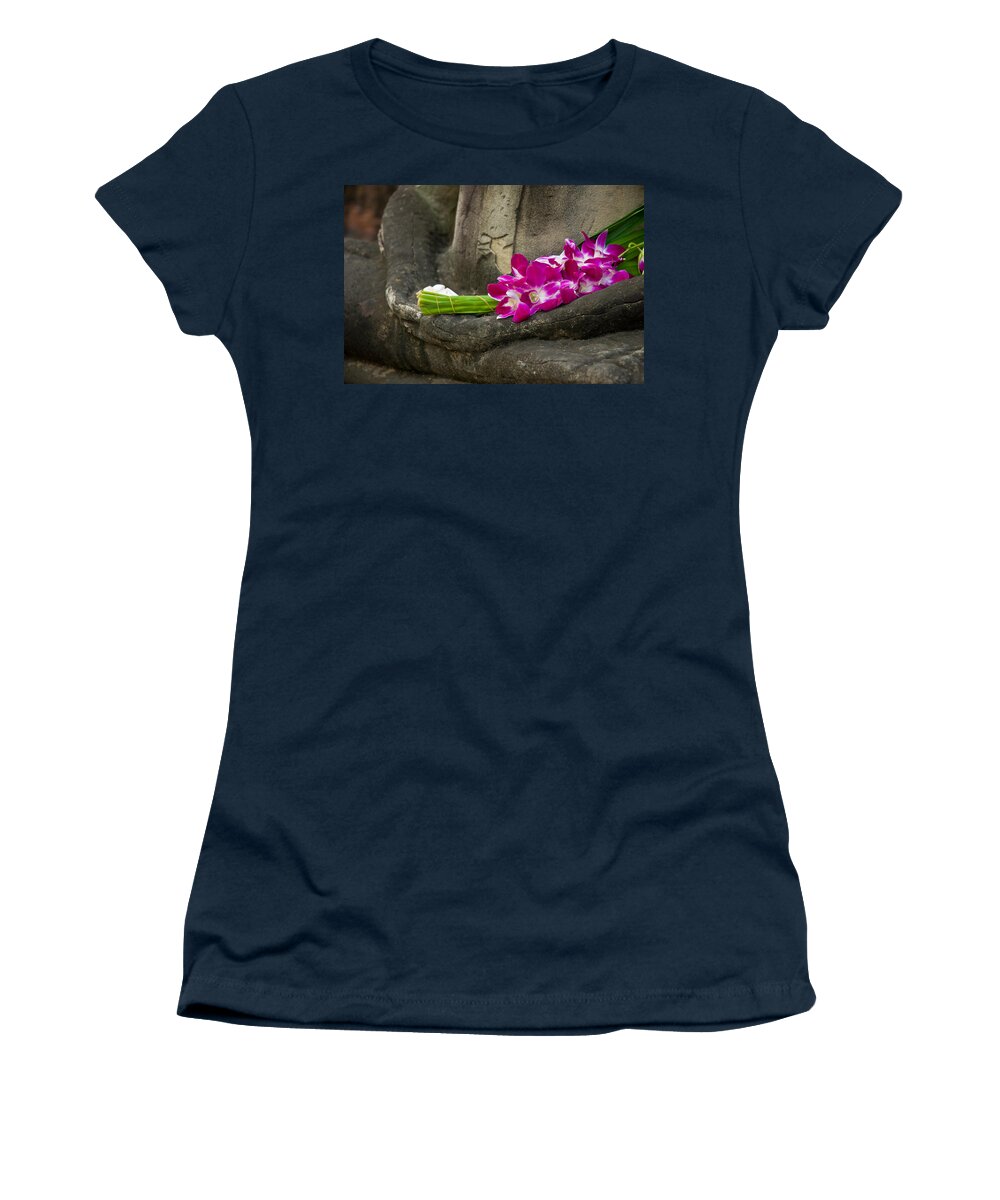 Ancient Women's T-Shirt featuring the photograph Sitting Buddha in meditation position with fresh Orchid flowers by U Schade