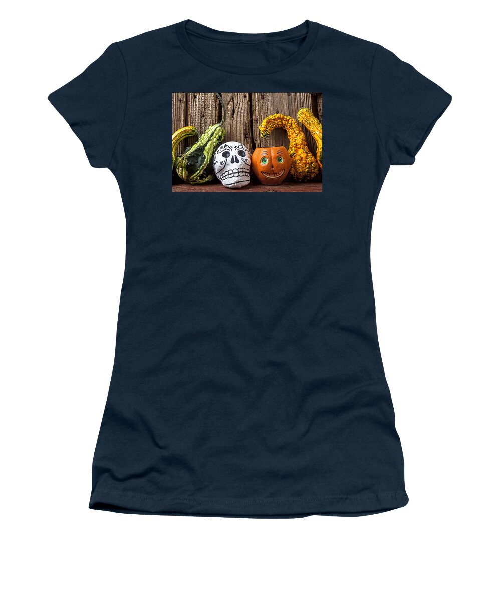 Skull Women's T-Shirt featuring the photograph Skull and jack-O-lantern by Garry Gay