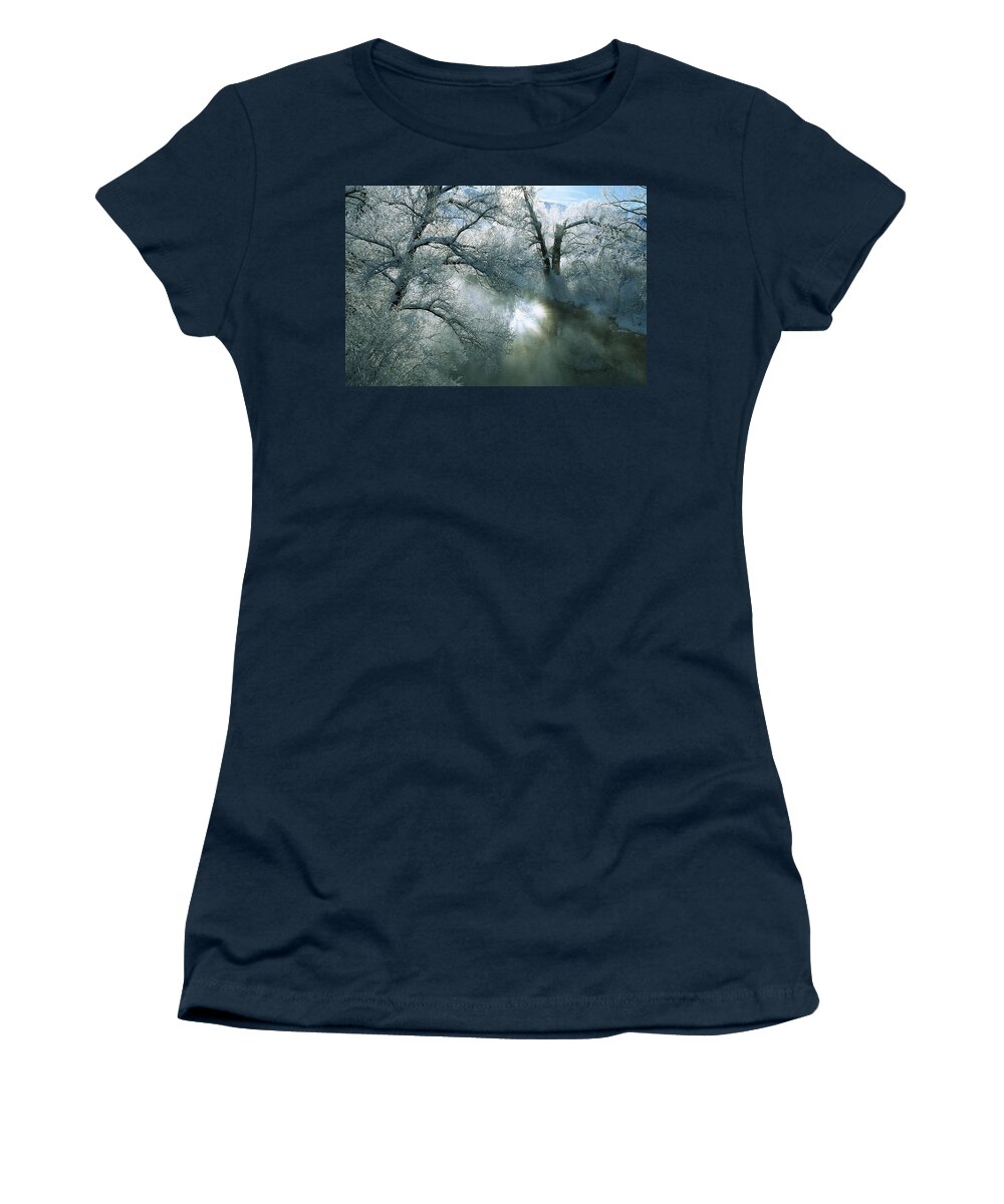 Mp Women's T-Shirt featuring the photograph Sunlight Illuminating Mist And Frost by Konrad Wothe