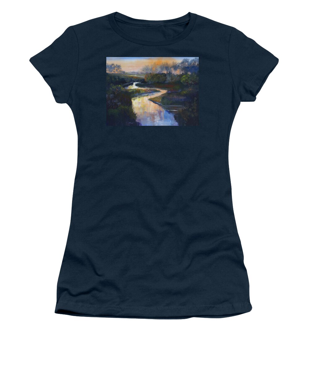 Sunset St. Vrain Women's T-Shirt featuring the painting Sunset on the St. Vrain by Heather Coen