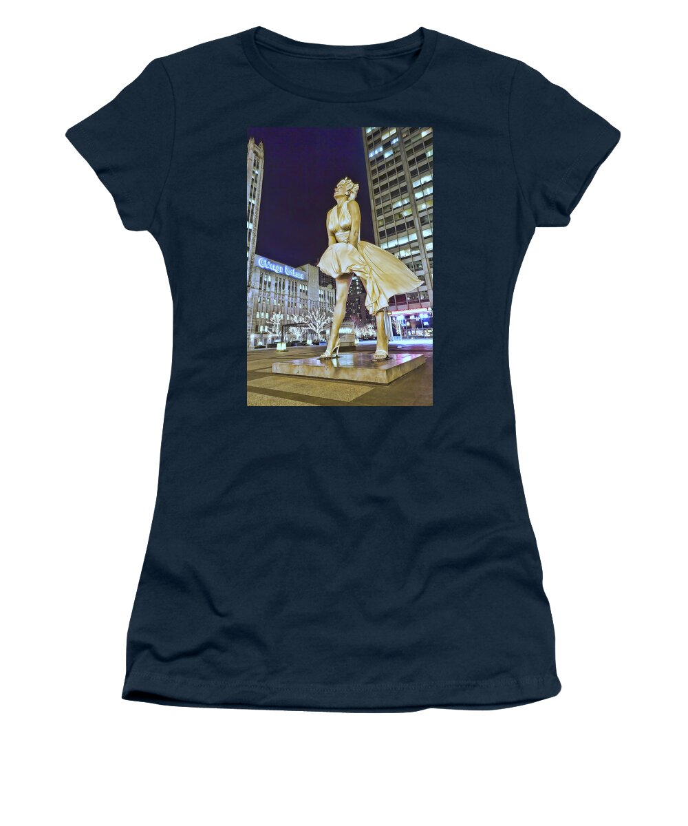  Women's T-Shirt featuring the digital art Surreal Marilyn Monroe in Chicago by Sven Brogren