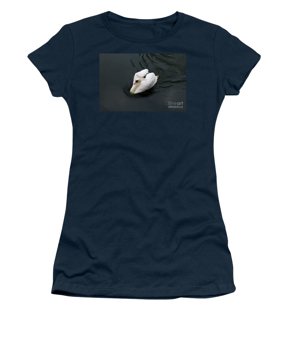 White Women's T-Shirt featuring the photograph Swan on black water by Les Palenik