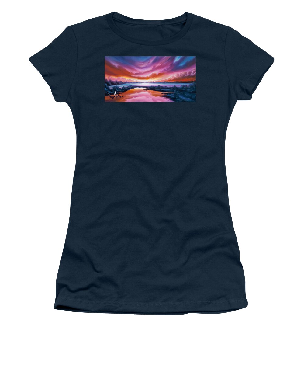 Sunrise; Sunset; Power; Glory; Cloudscape; Skyscape; Purple; Red; Blue; Stunning; Landscape; James C. Hill; James Christopher Hill; Jameshillgallery.com; Ocean; Lakes; Sky Women's T-Shirt featuring the painting The Last Sunset by James Hill