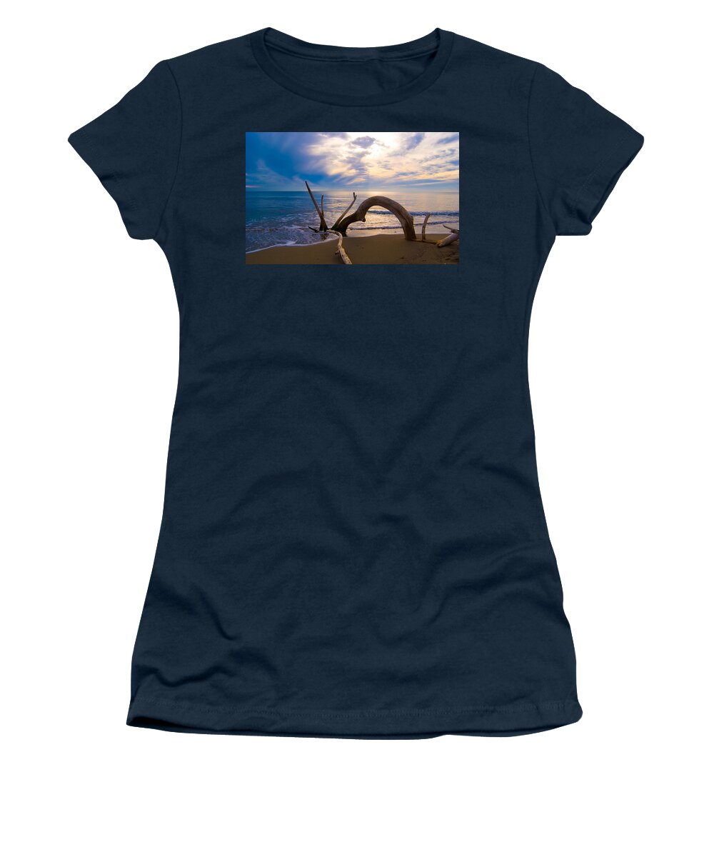 Driftwood Sea Mediterranean Sunset Sky Cloud Water Calm Serenity Women's T-Shirt featuring the photograph The wooden arch by Marco Busoni