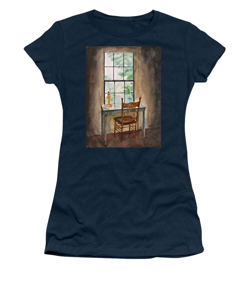 Desk Women's T-Shirt featuring the painting Window Seat by Frank SantAgata