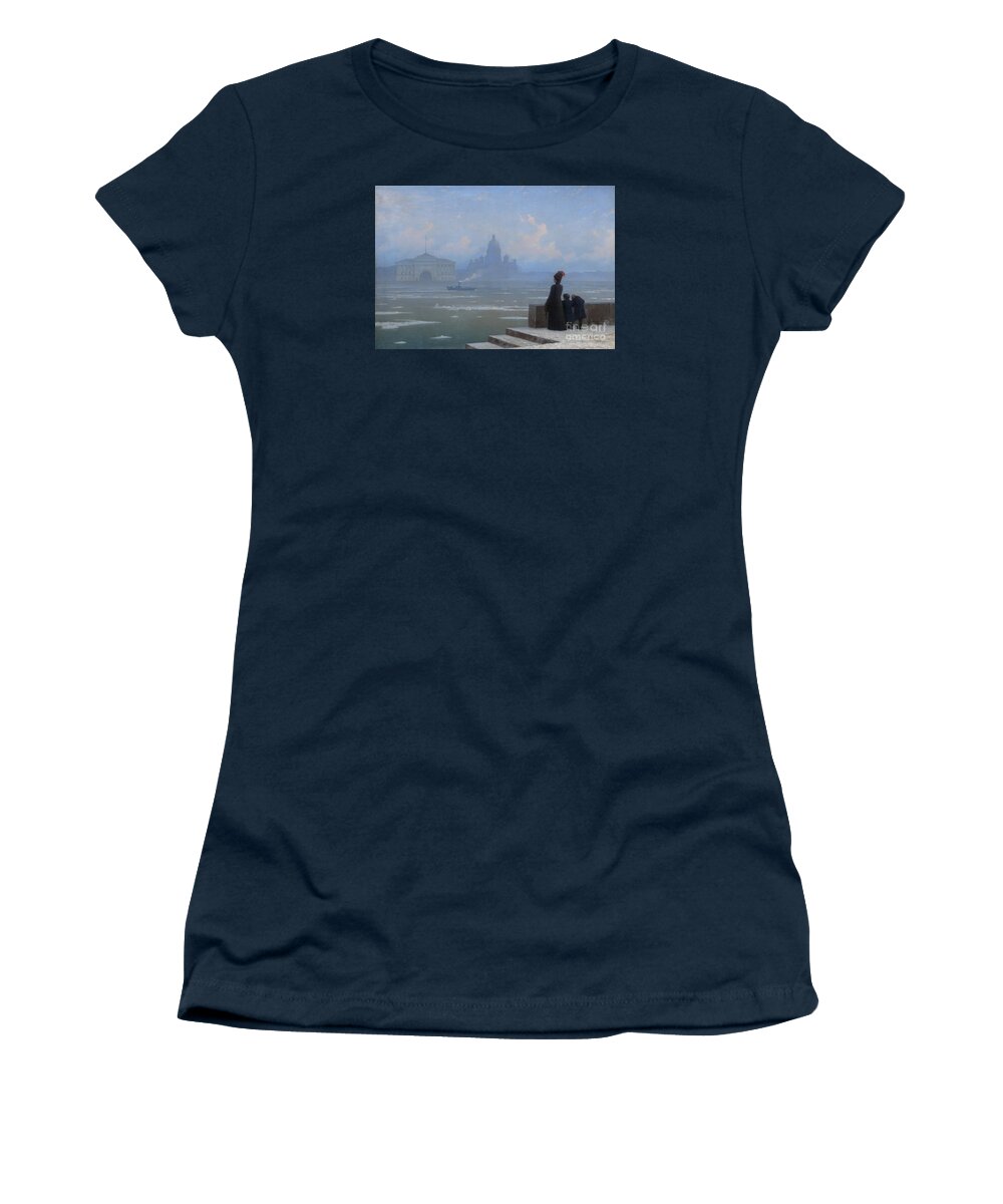 Grigory Kalmykov Women's T-Shirt featuring the painting Floating of Ice on the Neva River by Grigory Kalmykov