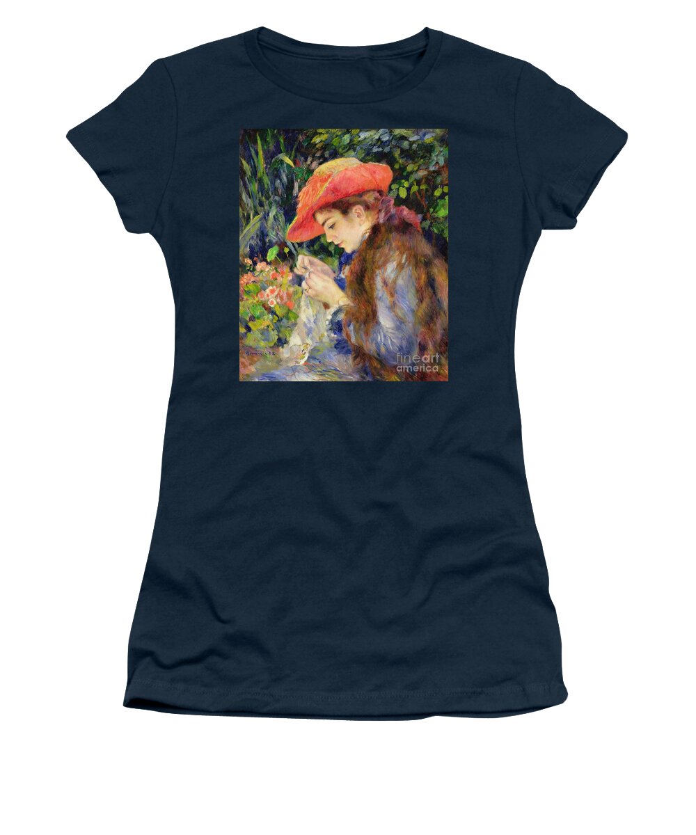 Female Women's T-Shirt featuring the painting Marie Therese Durand Ruel Sewing by Pierre Auguste Renoir