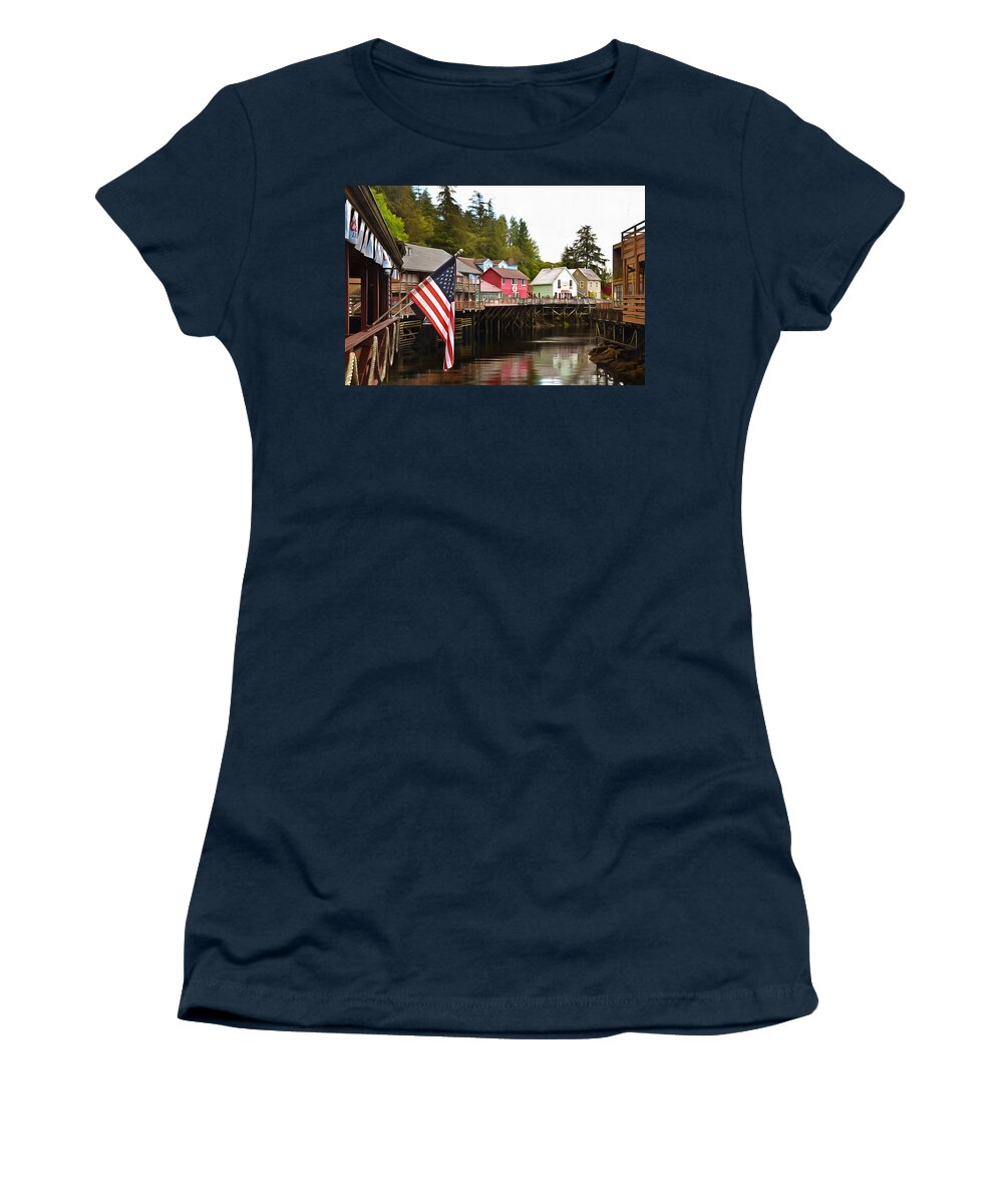 American Flag On Creek Street Ketchikan Alaska Painting Women's T-Shirt featuring the photograph American Flag on Creek Street Ketchikan Alaska Painting #1 by Barbara Snyder