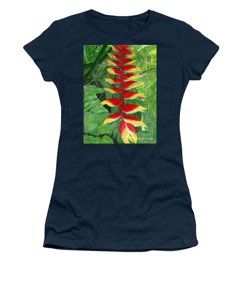 Heliconia Rostrata Women's T-Shirt featuring the painting Balinese Heliconia Rostrata by Melly Terpening