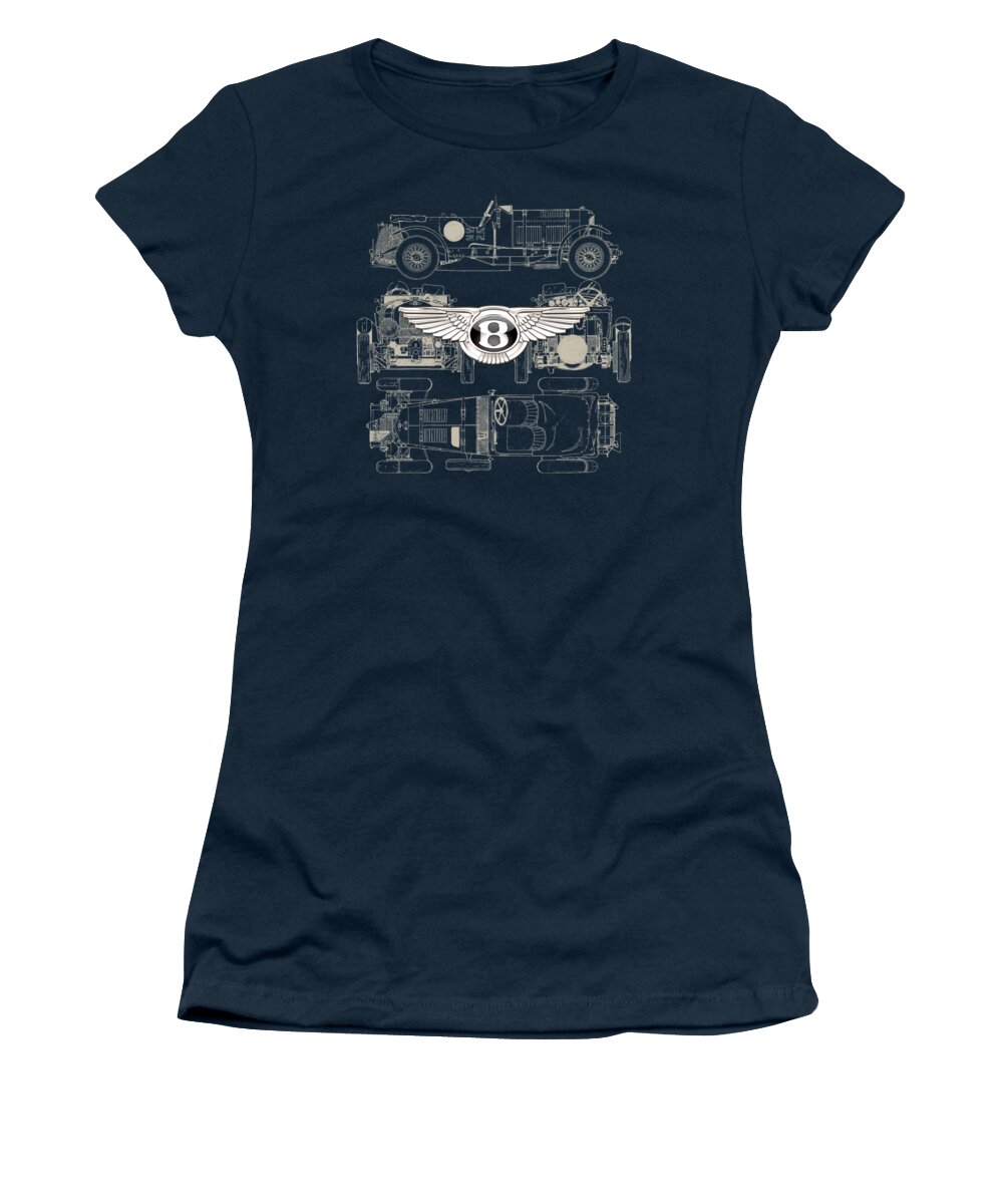�wheels Of Fortune� By Serge Averbukh Women's T-Shirt featuring the photograph Bentley - 3 D Badge over 1930 Bentley 4.5 Liter Blower Vintage Blueprint by Serge Averbukh