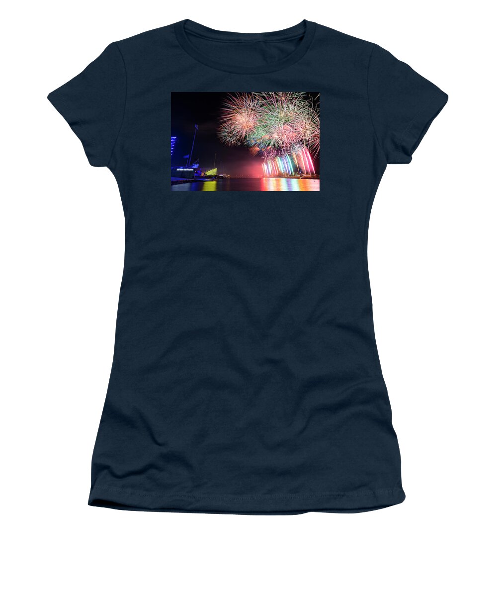 Fireworks Women's T-Shirt featuring the photograph Boathouse Fireworks #1 by Ricky Barnard