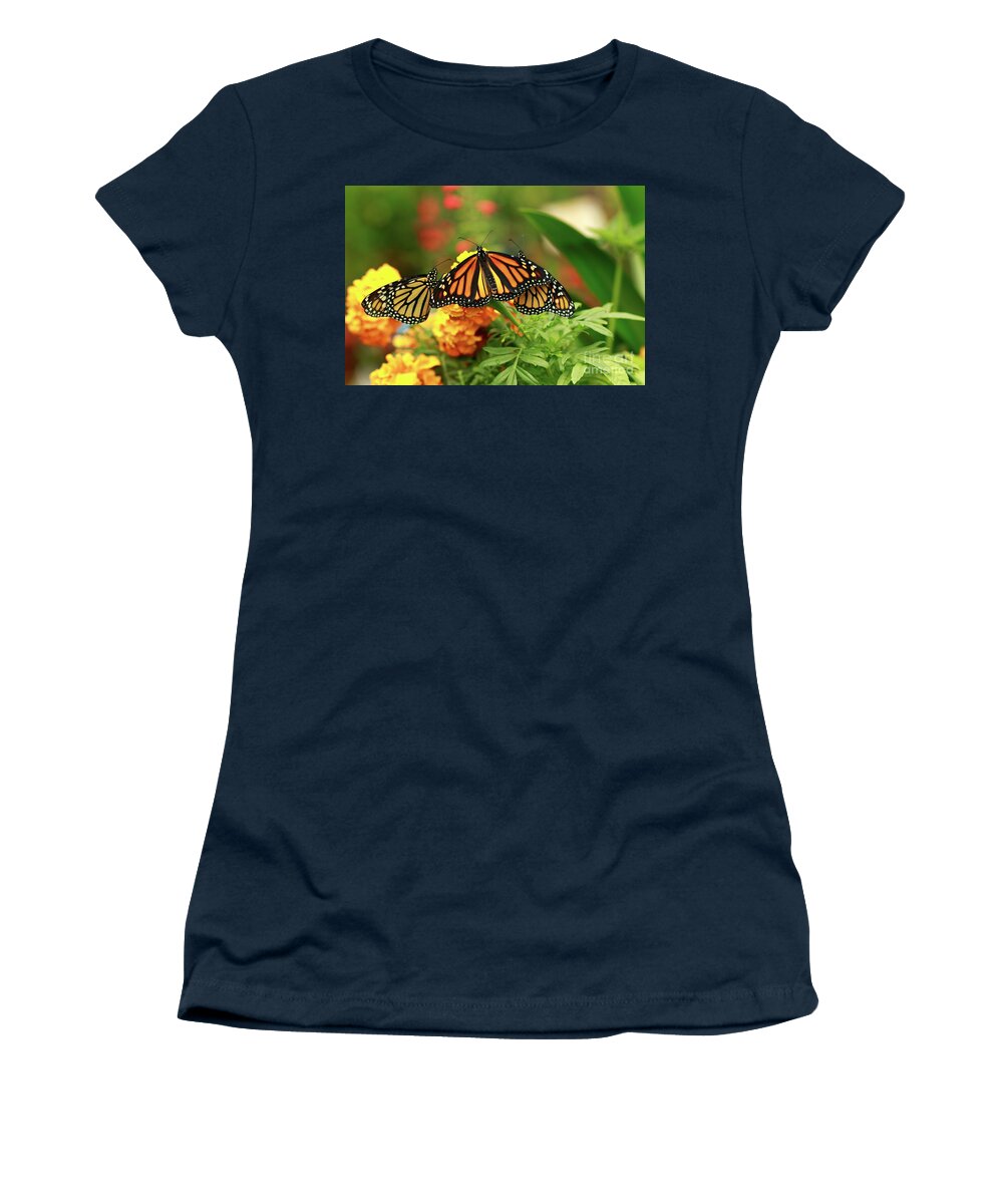 Monarch Butterflies Women's T-Shirt featuring the photograph Butterfly Monarchs on Mums #2 by Luana K Perez
