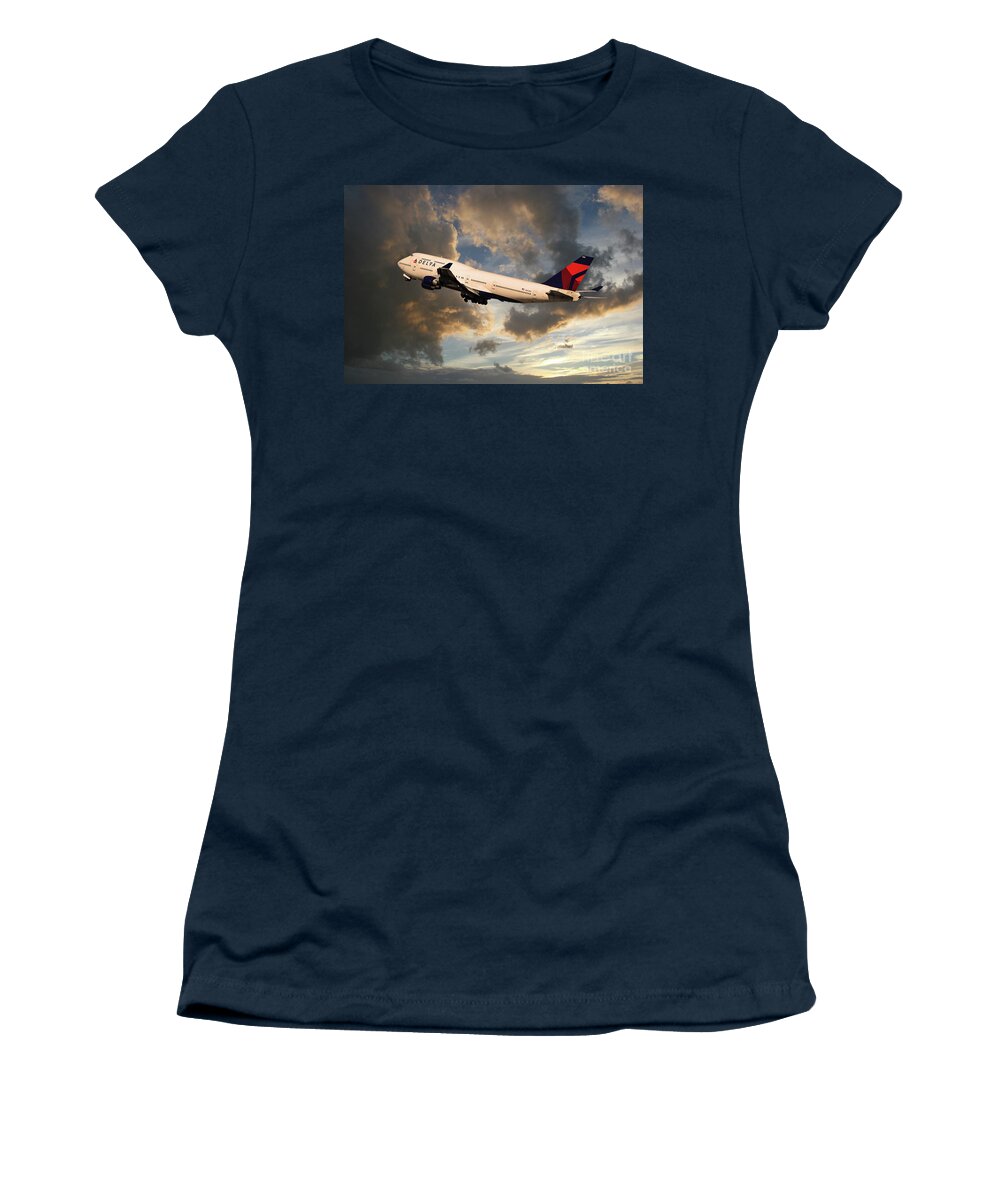 Delta Women's T-Shirt featuring the digital art Delta Airlines Boeing 747 #1 by Airpower Art