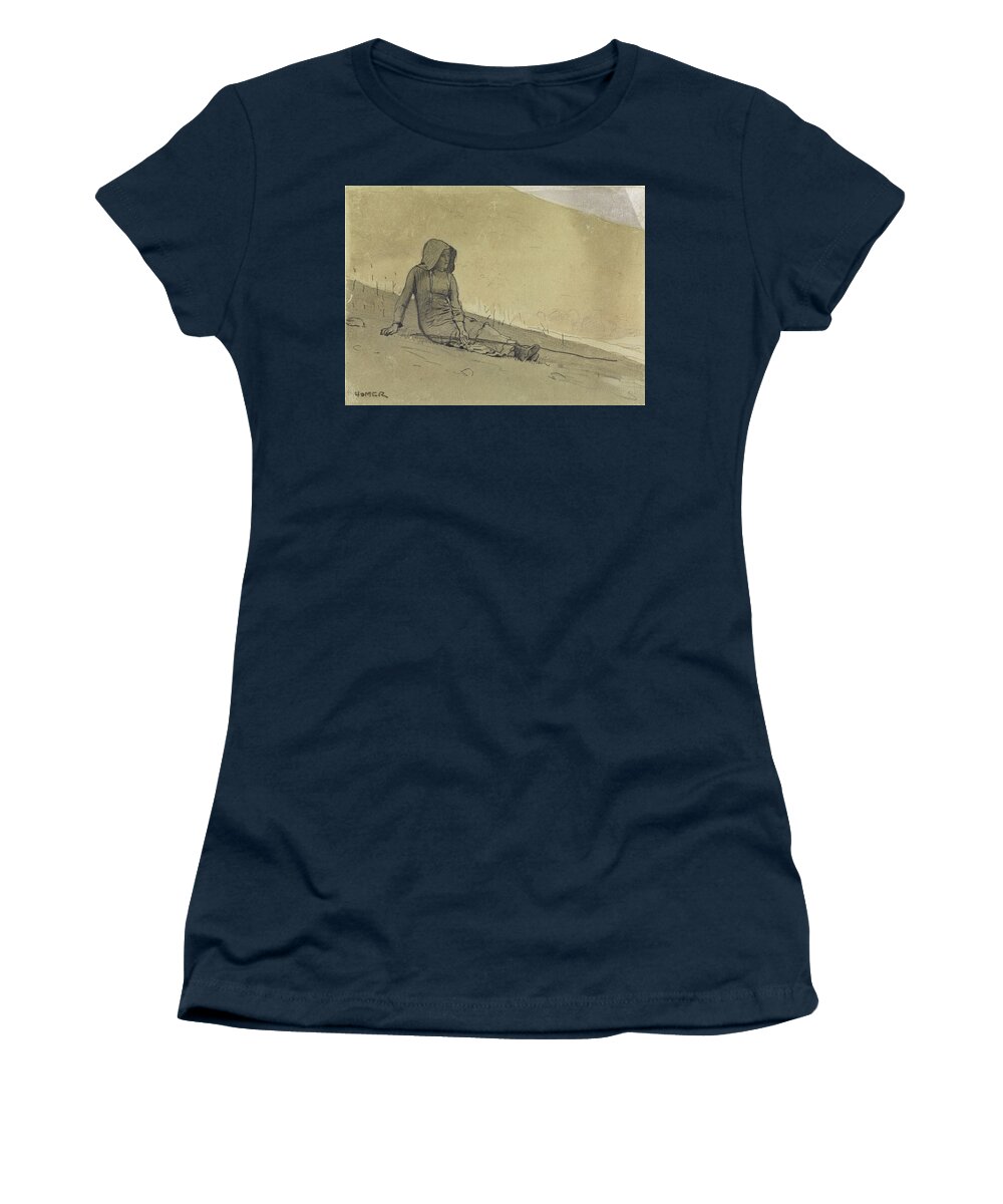 Winslow Homer Women's T-Shirt featuring the drawing Girl Seated on a Hillside #2 by Winslow Homer