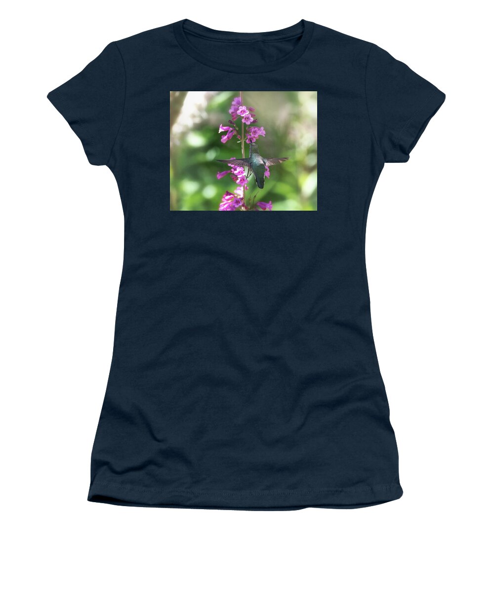 Hummingbird Women's T-Shirt featuring the photograph Hummingbird and the Pink Penstemon #2 by Saija Lehtonen