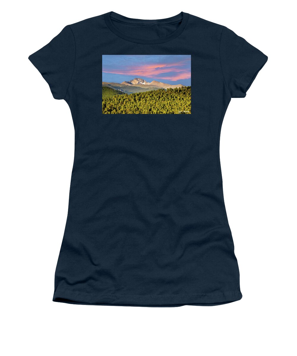 Beauty In Nature Women's T-Shirt featuring the photograph Longs Peak at Sunrise by Jeff Goulden