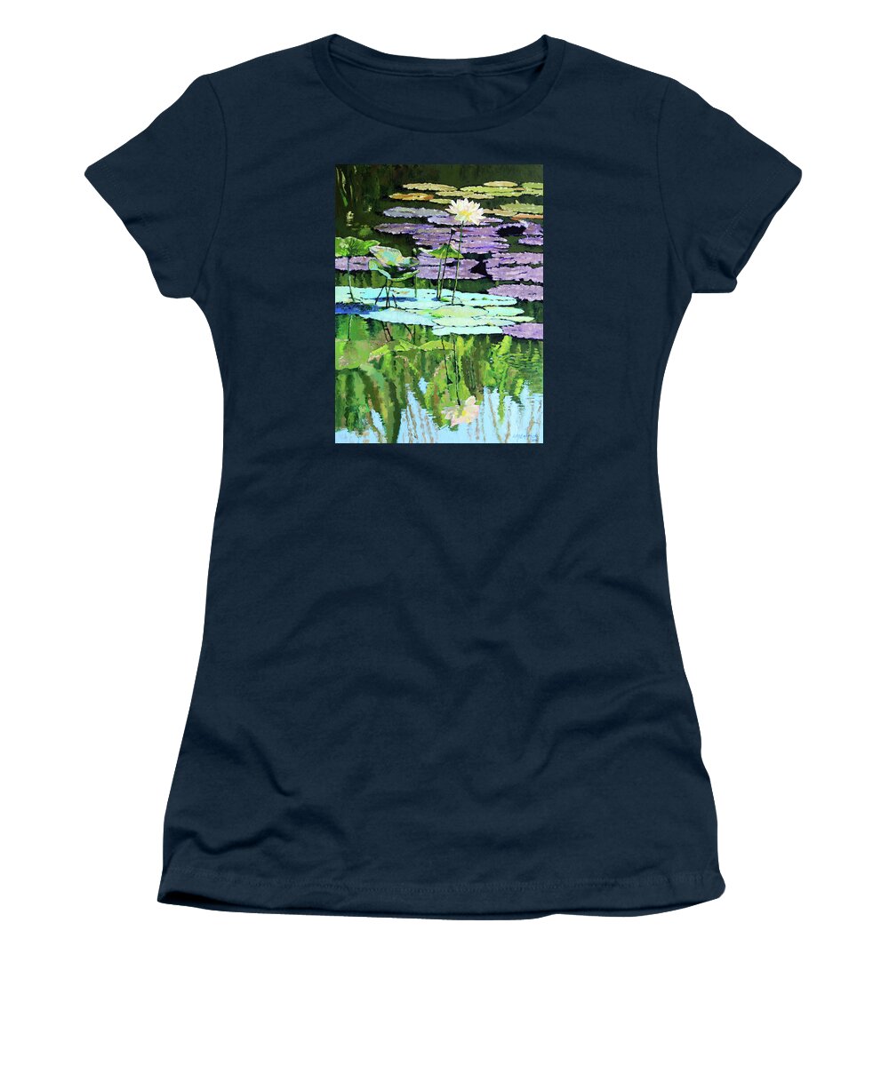 Lotus Women's T-Shirt featuring the painting Lotus Reflections #1 by John Lautermilch