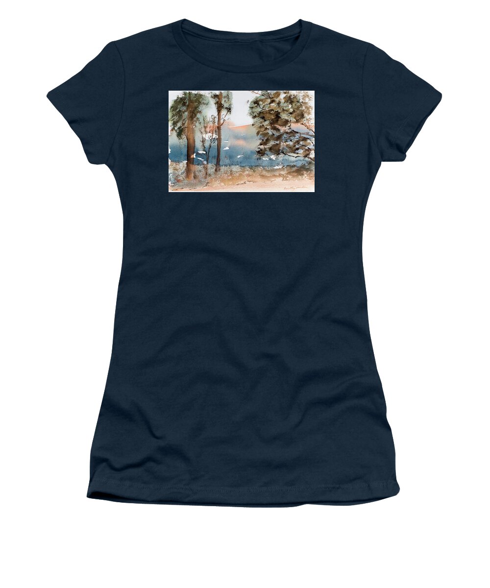 Australia Women's T-Shirt featuring the painting Mt Field Gum Tree Silhouettes against Salmon coloured Mountains by Dorothy Darden