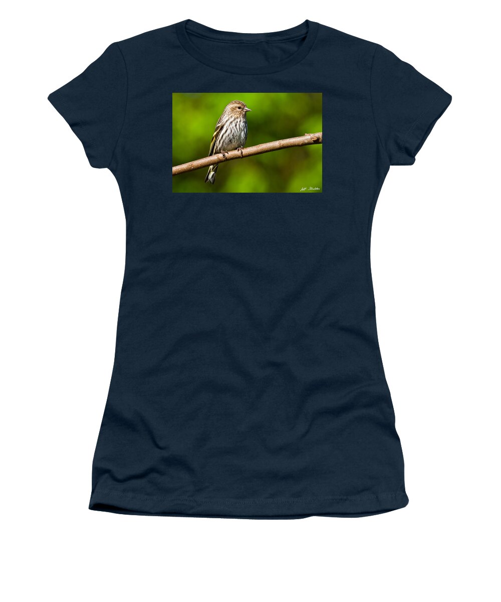 Adult Women's T-Shirt featuring the photograph Pine Siskin Perched on a Branch #1 by Jeff Goulden