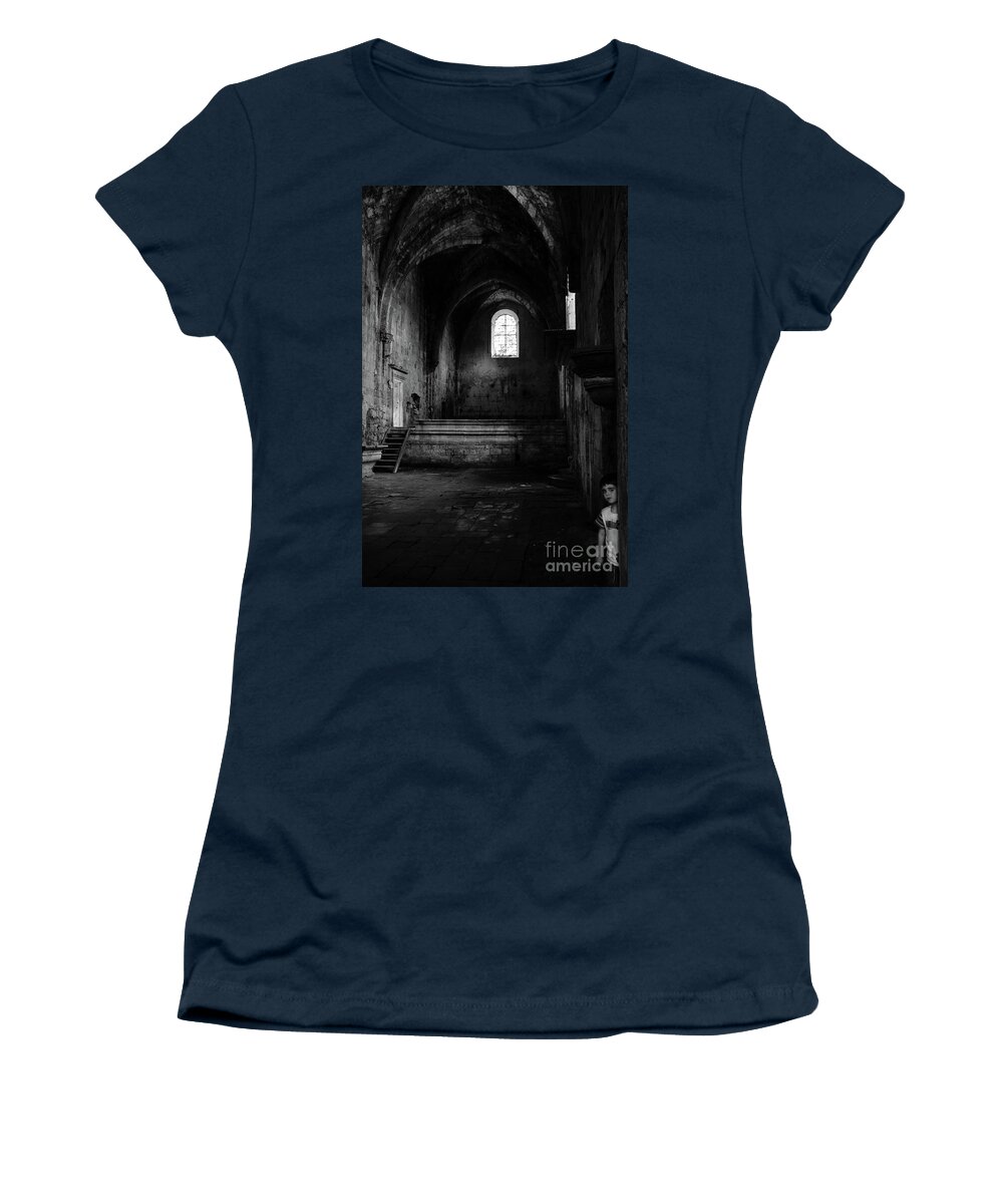 Burgos Women's T-Shirt featuring the photograph Rioseco Abandoned Abbey Nave Bw #1 by RicardMN Photography