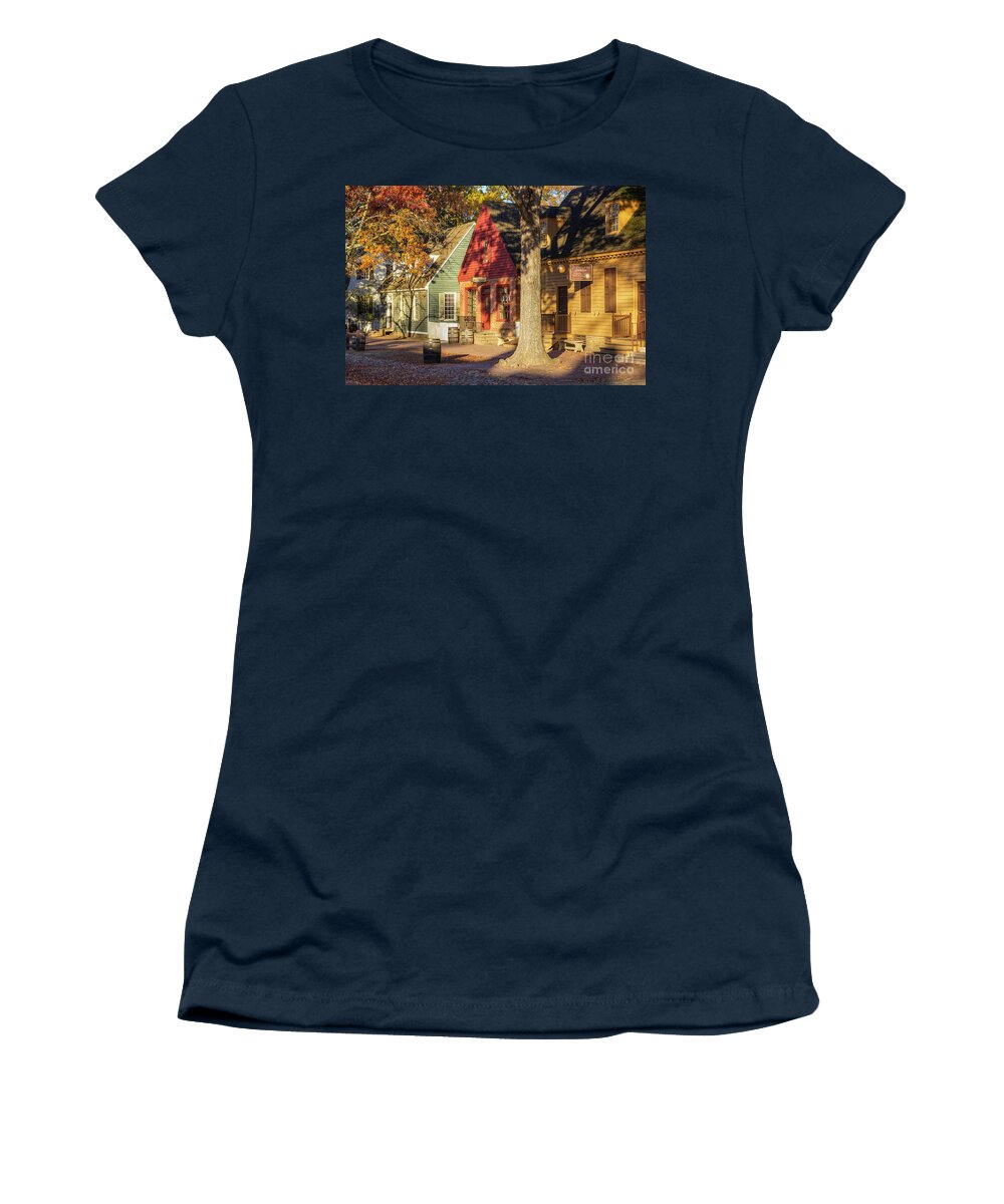 Colonial Williamsburg Women's T-Shirt featuring the photograph Row Houses Duke of Gloucester Colonial Williamsburg by Karen Jorstad