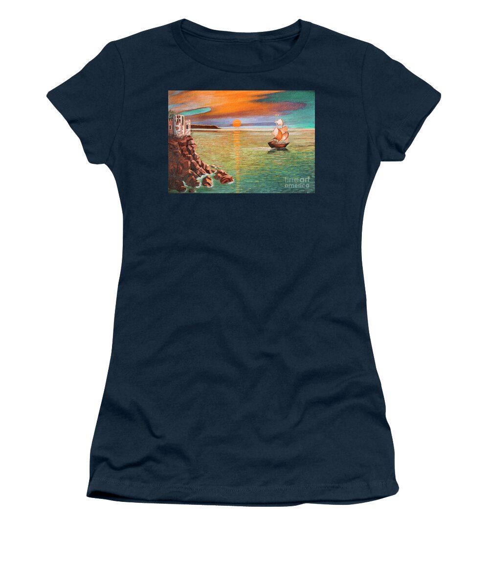 Picture Women's T-Shirt featuring the painting Sailing ship and castle #2 by Irina Afonskaya